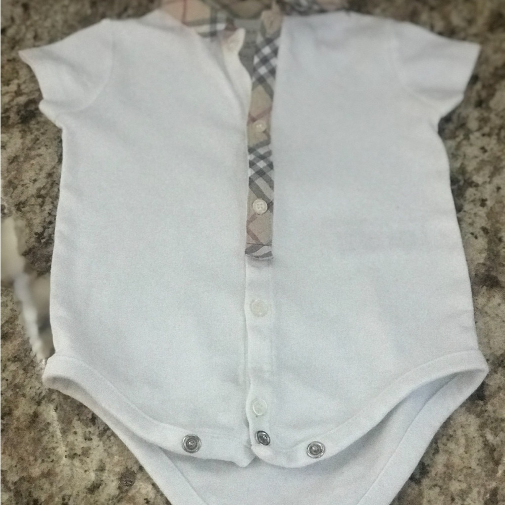 Burberry White Baby Onesie with Check Pattern